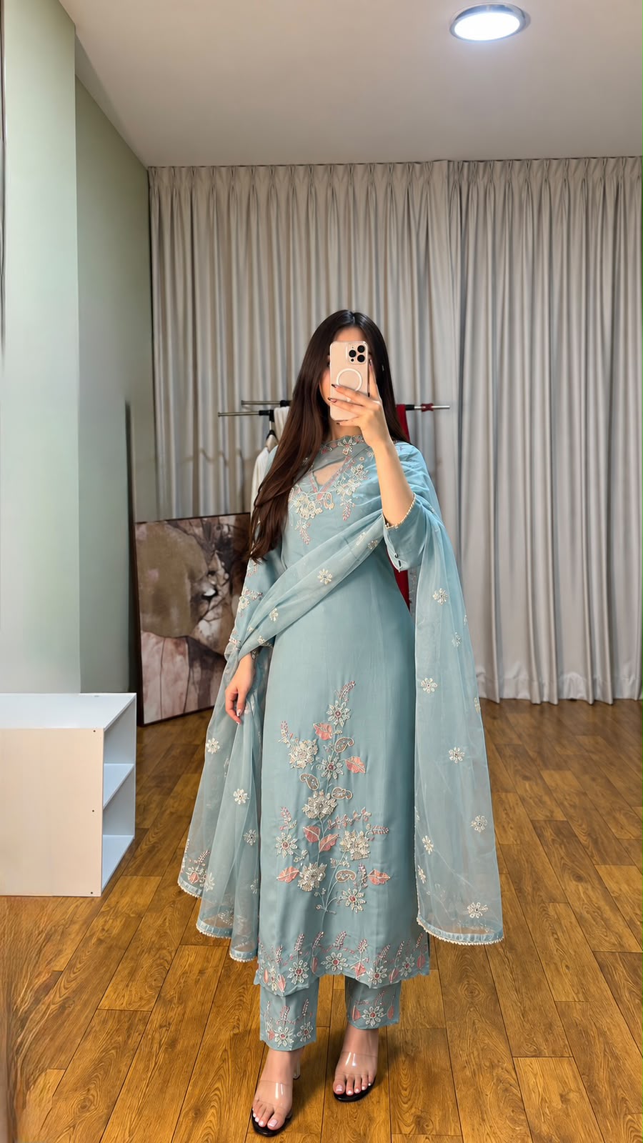 Pastel Blue Silk Embroidered Kurta Set with Organza Dupatta