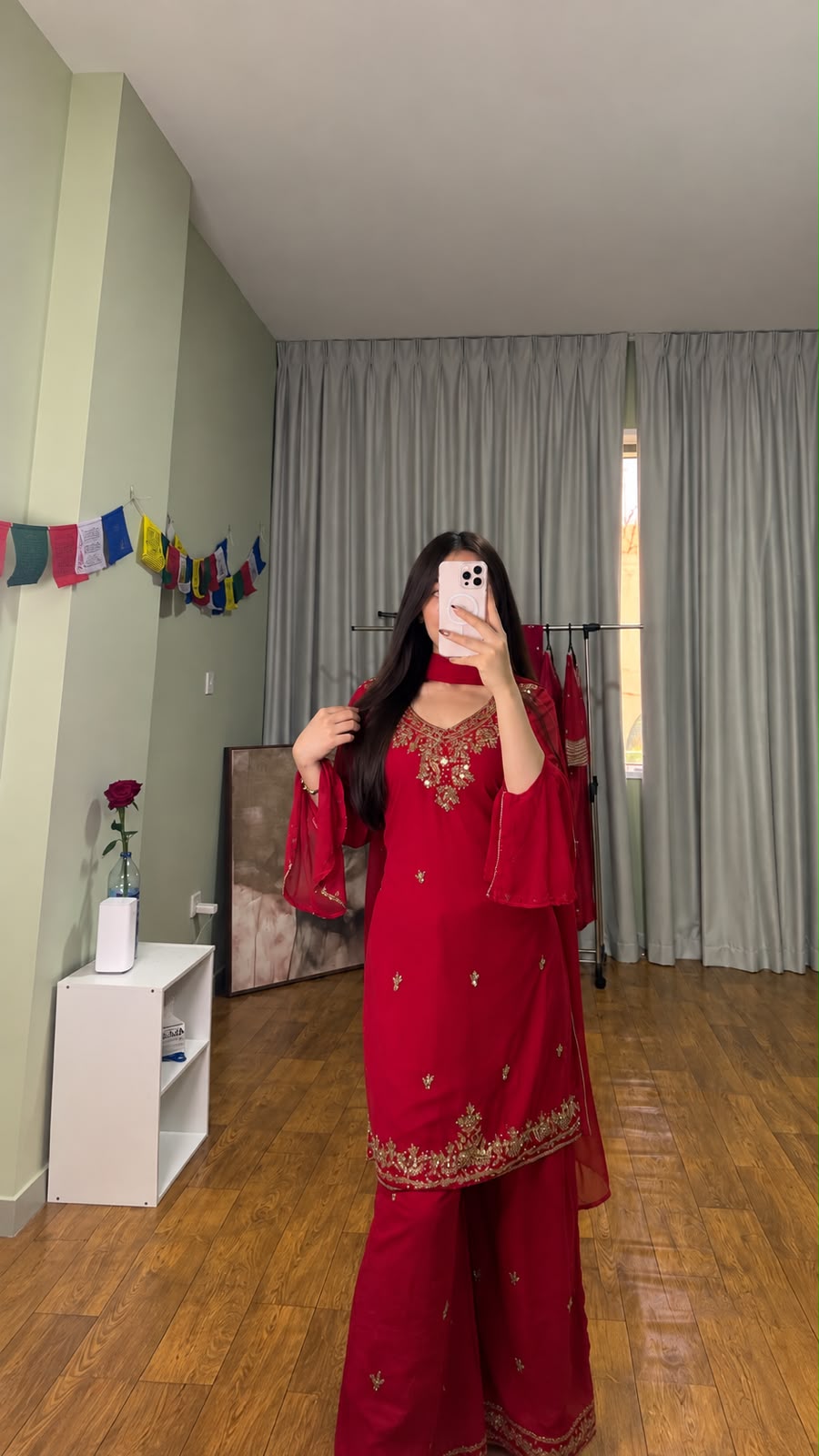 Red embroidery georgette kurta set