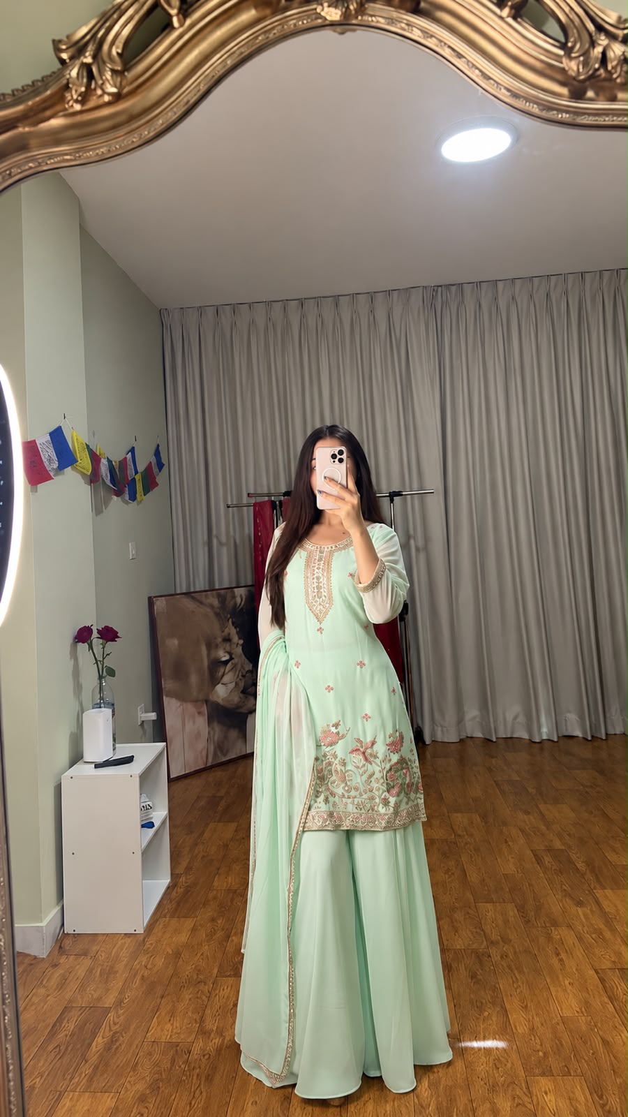 Mint Green Embroidered Georgette Kurta Palazzo Set